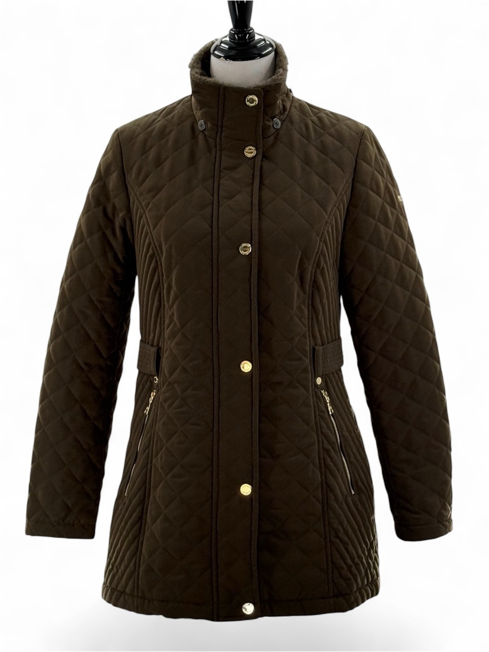 Laundry by Shelli Segal Small Olive Green Quilted Faux Fur Collar Long Coat